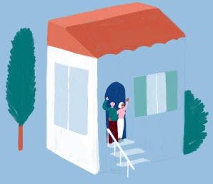 Illustration d'un couple sur le pas de la porte de chez eux