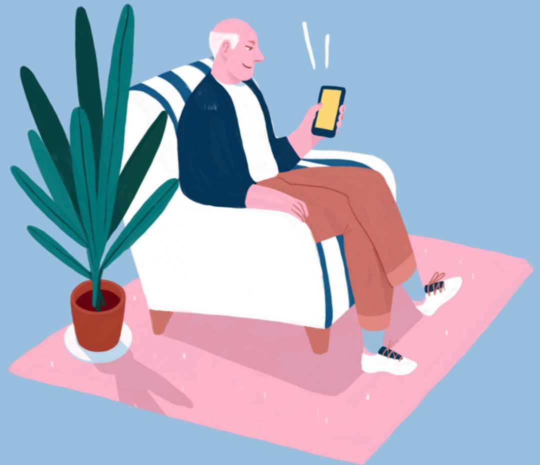 Illustration d'un homme assis dans un fauteuil avec son smartphone